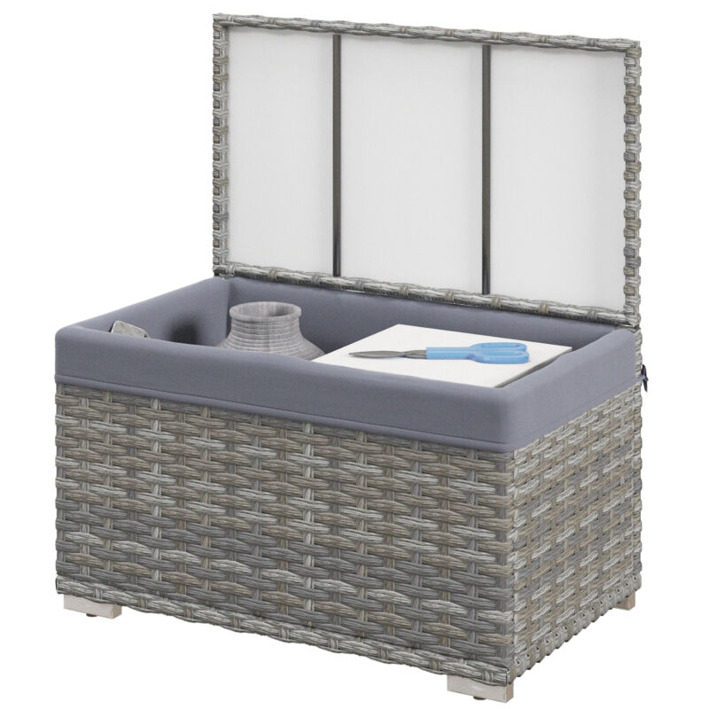 foto del prodotto baule da esterno in rattan pe e rivestimento interno in tessuto grigio outsunny