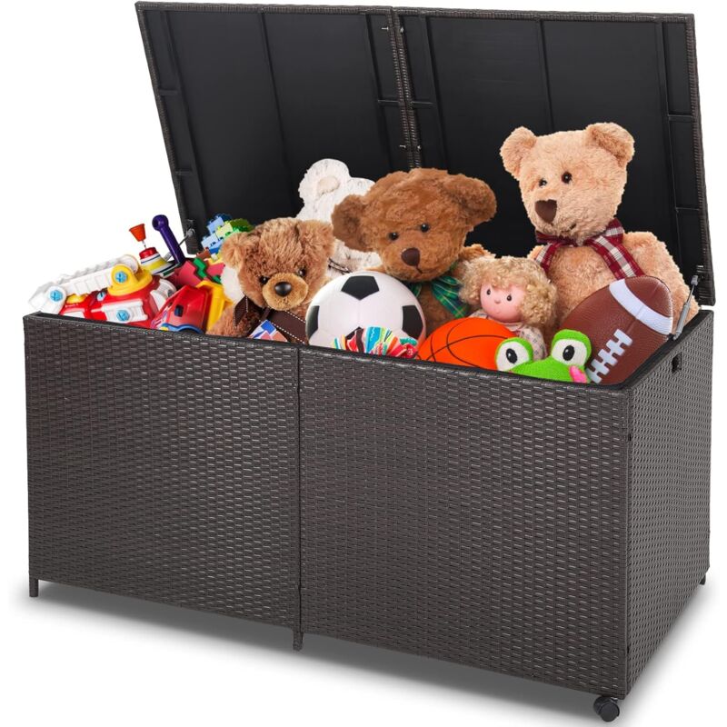 foto del prodotto baule da giardino 662l, panca contenitore in plastica con coperchio, maniglia e 2 ruote universali, in rattan, per interni e esterni, 150 x 77 x 73