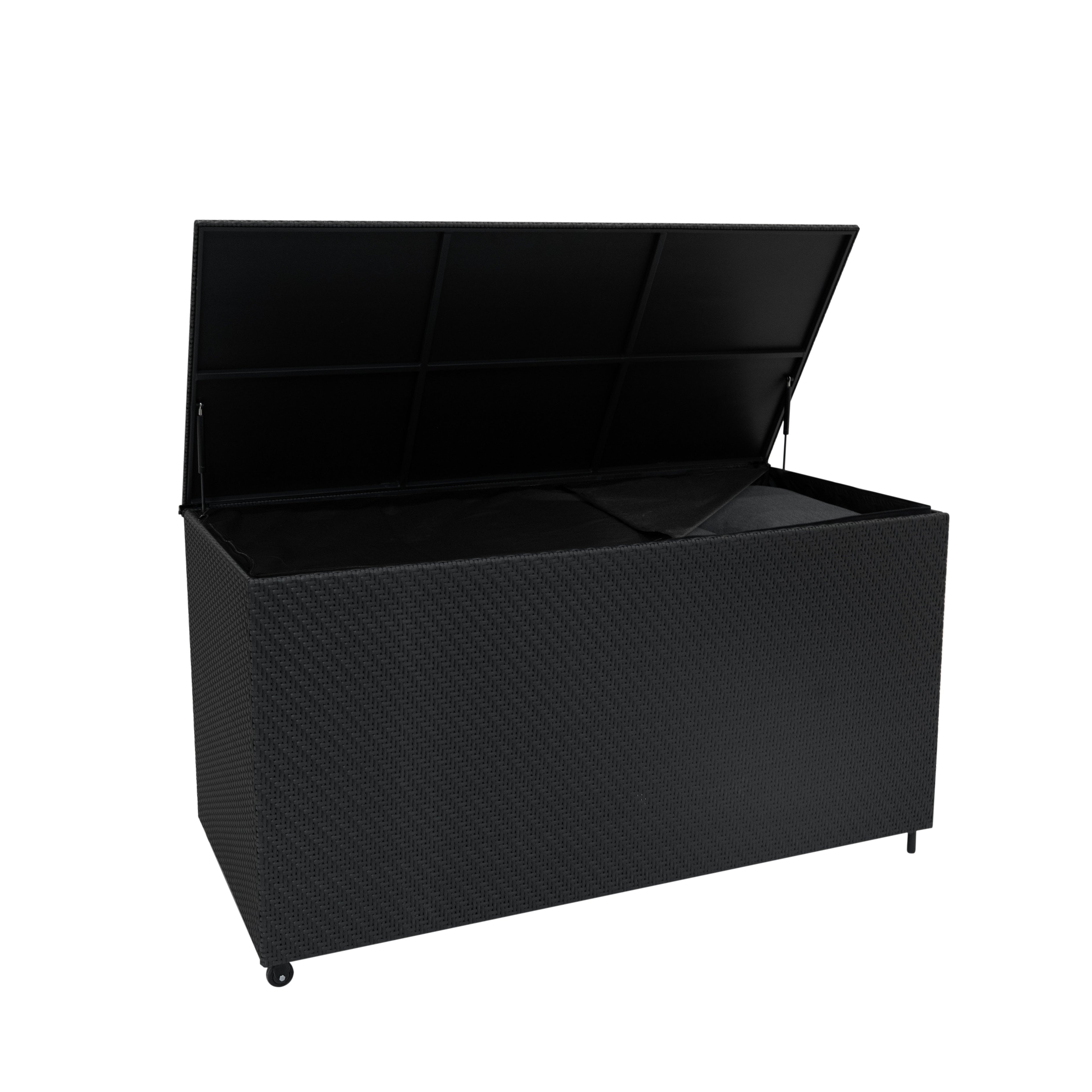 foto del prodotto baule in rattan nero 700l per esterno con ruote e rivestimento