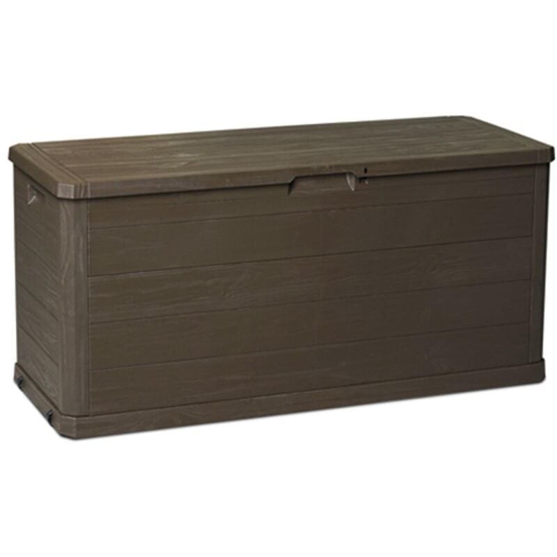 foto del prodotto baule in resina cassapanca multiuso da esterno con ruote lt 280 effetto legno 117 cm