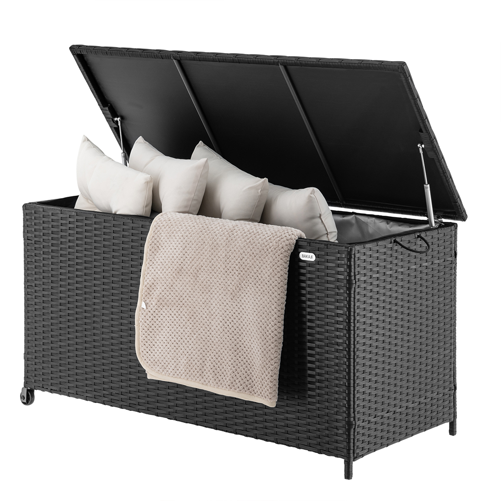 foto del prodotto baule portaoggetti da giardino cassapanca polyrattan impermeabile 2 ruote nero