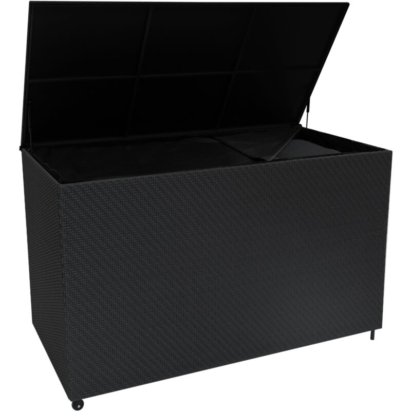 foto del prodotto baule serafina 996l in rattan nero per giardino contenitore impermeabile con ruote, rivestimento interno, coperchio a pistoni, per cuscini,