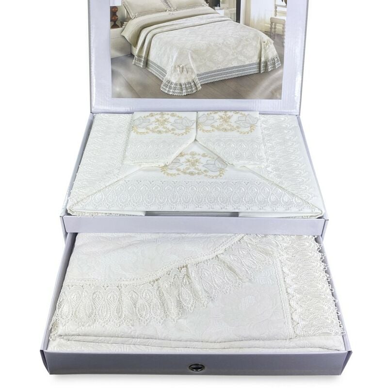 foto del prodotto bauletto greta con pizzo macram ricamato panna matrimoniale lenzuolo e copriletto idea sposa