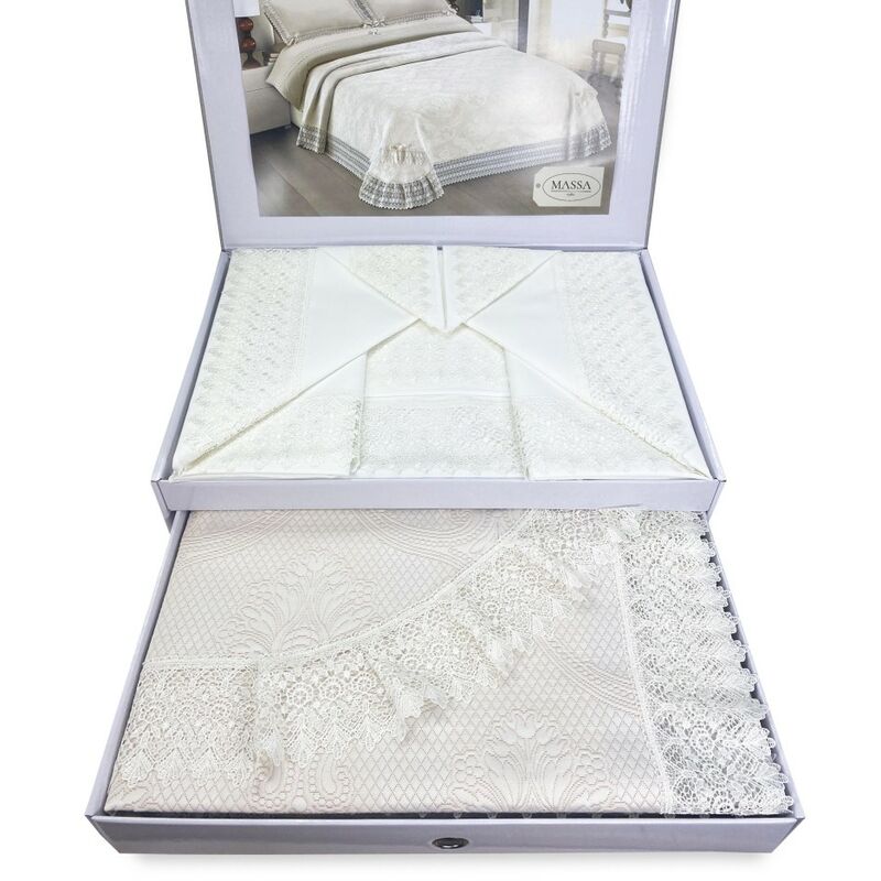 foto del prodotto bauletto susy rifinito con pizzo macram matrimoniale lenzuolo e copriletto idea sposa