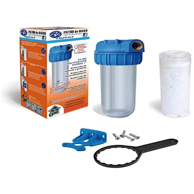 foto del prodotto bbagua filtro in polifosfati con pietrade da 1 include cartuccia di polifosfati, porta filtro, supporto da porta filtro da parete e chiave porta