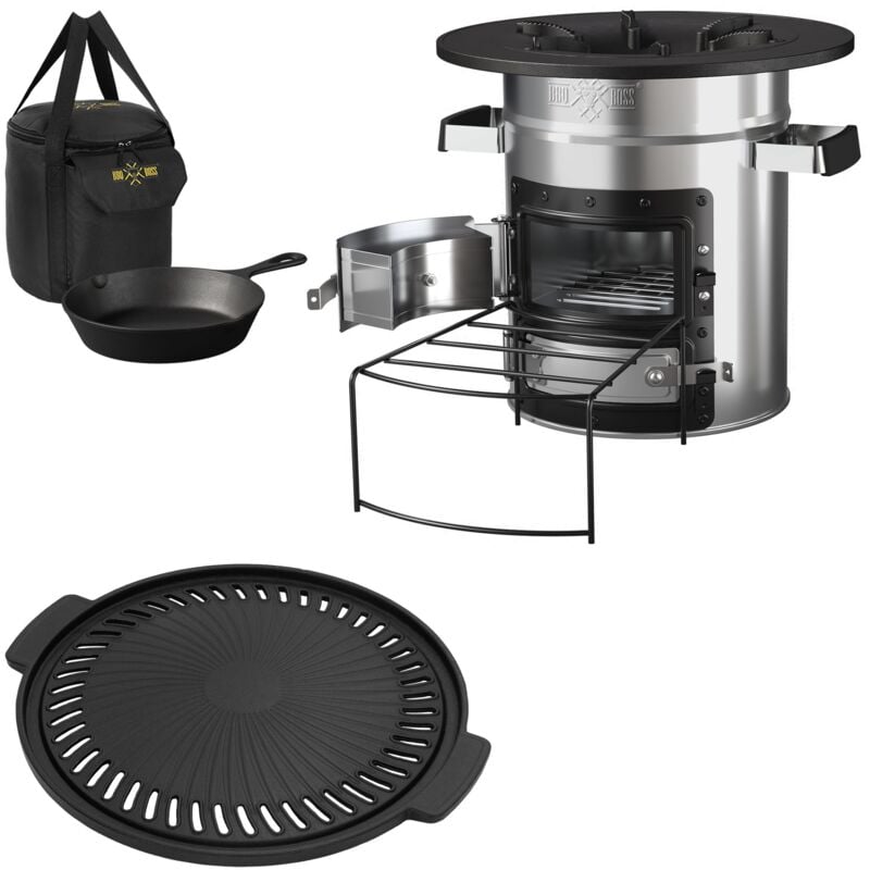 foto del prodotto bbq boss bbqboss fornello a razzo argento con padella e piastra per grigliare in ghisa incl. borsa per trasporto stufa a legna da campeggio in