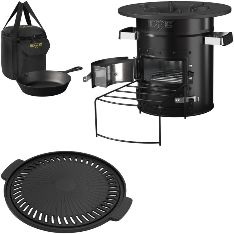 foto del prodotto bbq boss bbqboss fornello a razzo nero con padella e piastra per grigliare in ghisa incl. borsa per trasporto stufa a legna da campeggio in acciaio