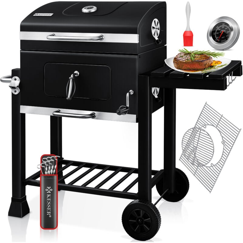 foto del prodotto bbq smoker xl carrello per barbecue a carbone con coperchio, ruote, maniglia in acciaio inox, rastrelliera per griglia e termometro, 8 spiedini con