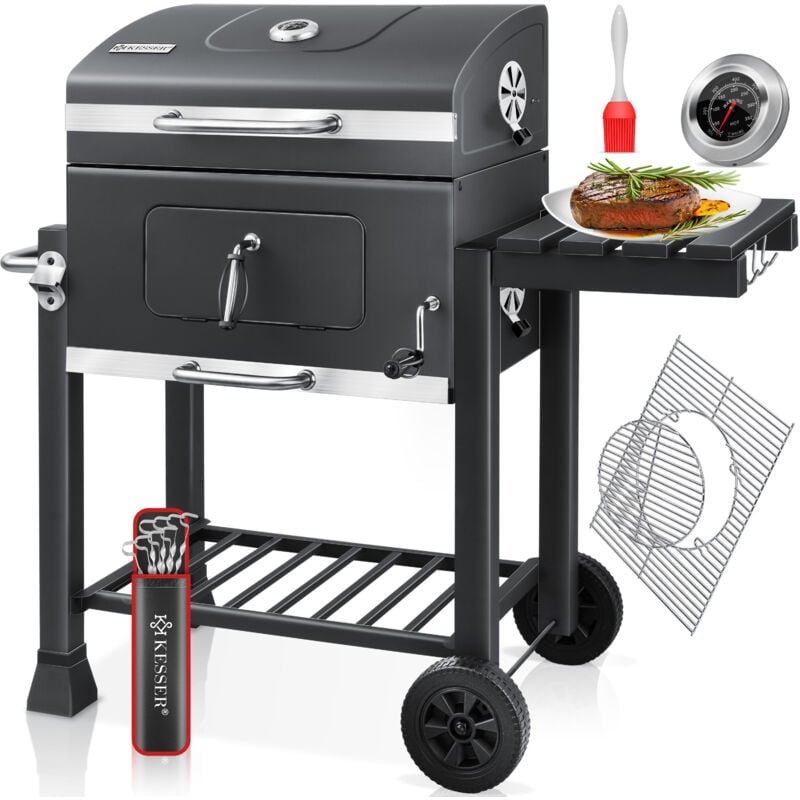 foto del prodotto bbq smoker xl carrello per barbecue a carbone con coperchio, ruote, maniglia in acciaio inox, rastrelliera per griglia e termometro, 8 spiedini con