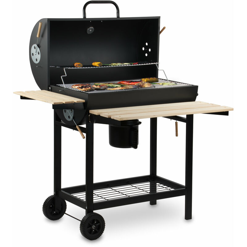 foto del prodotto bbq toro carrello barbecue a carbonella affumicatore mobile premium, griglia per barbecue con coperchio, scaldavivande, ripiani in legno