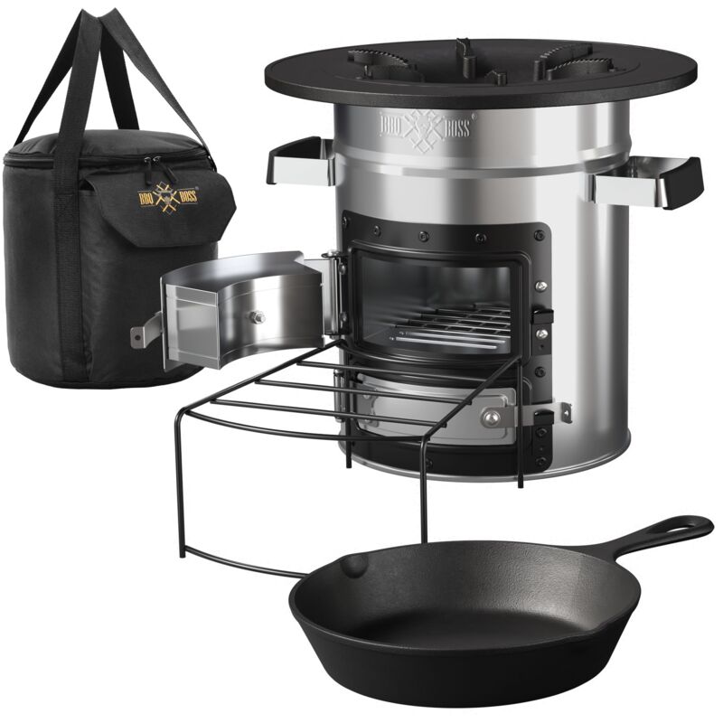 foto del prodotto bbqboss forno da campeggio rocket stove con padella e piastra per grigliare in ghisa forno bbq in acciaio argento stufa a legna con supporto per