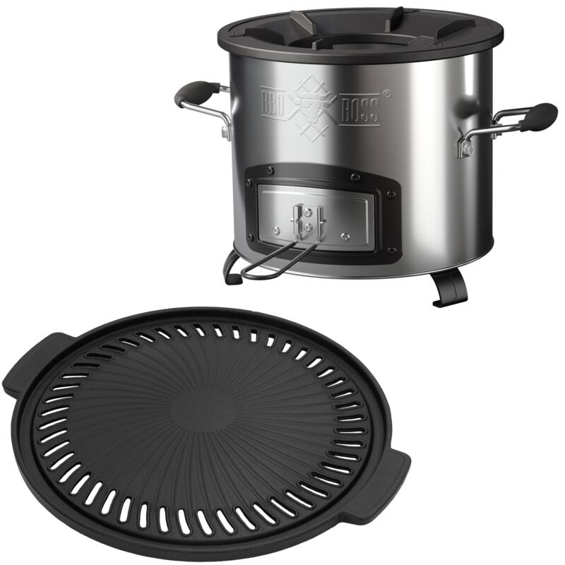 foto del prodotto bbqboss forno da campeggio rocket stove fornello con piastra per grigliare in ghisa in acciaio inox e ghisa stufa a razzo per barbecue camping