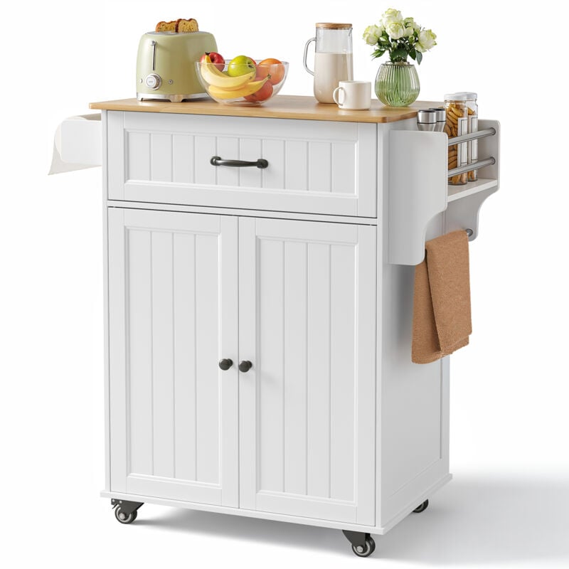 foto del prodotto bealife carrello da cucina con rotelle 3 ripiani mobile organizzativo multifunzione con ante, cassetto, portaspezie e portalettere bianco
