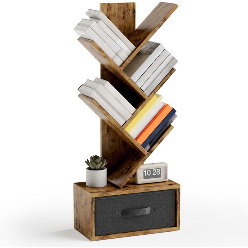 foto del prodotto bealife libreria 5 ripiani con cassetto in tessuto per organizzare libri, cd, riviste design albero per soggiorno o camera da letto marrone