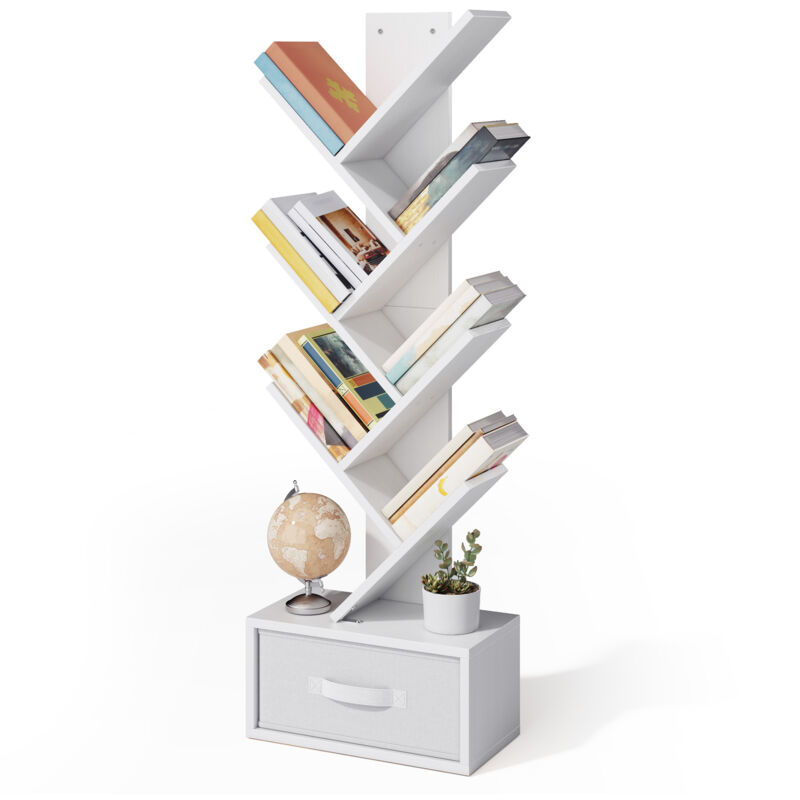 foto del prodotto bealife libreria 7 ripiani con 1 cassetto in tessuto scaffale organizzativo albero per libri, cd, riviste ideale per soggiorno o camera da