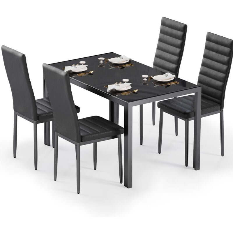foto del prodotto bealife set tavolo con sedie moderno 1 tavolo da pranzo in vetro temperato 4 sedie con struttura metallica, rivestimento in pelle pu e piedini