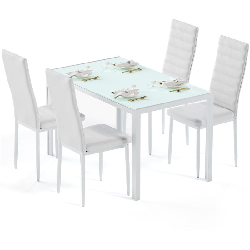 foto del prodotto bealife set tavolo con sedie moderno 1 tavolo da pranzo in vetro temperato 4 sedie con struttura metallica, rivestimento in pelle pu e piedini