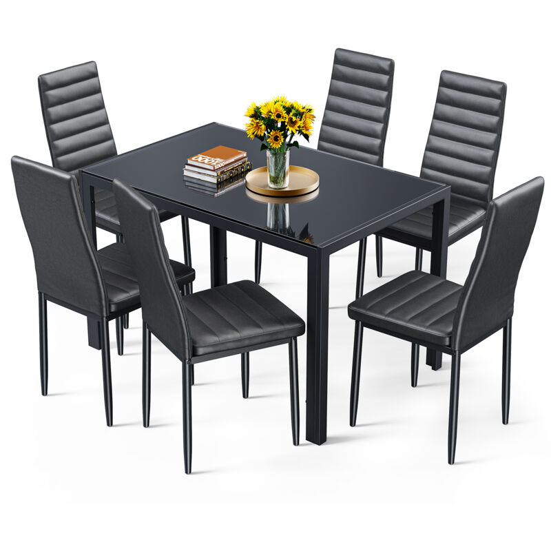 foto del prodotto bealife set tavolo con sedie moderno 1 tavolo da pranzo in vetro temperato 6 sedie con struttura metallica, rivestimento in pelle pu e piedini