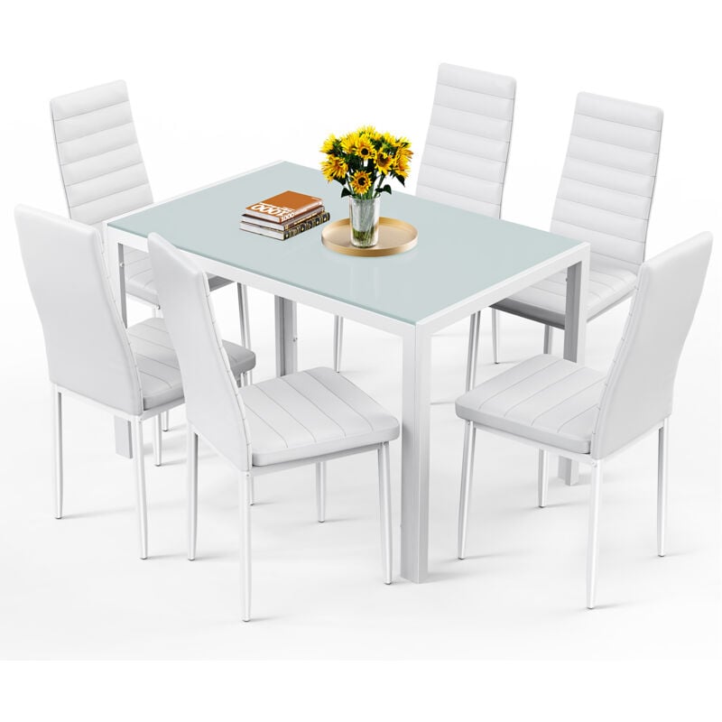 foto del prodotto bealife set tavolo con sedie moderno 1 tavolo da pranzo in vetro temperato 6 sedie con struttura metallica, rivestimento in pelle pu e piedini in