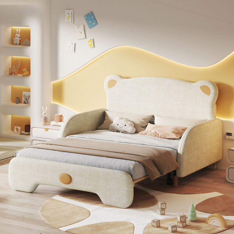 foto del prodotto bear letto matrimoniale, letto imbottito, letto per bambini, dormeuse, letto estraibile, con morbidi bordi protettivi, con doghe in legno, velluto,