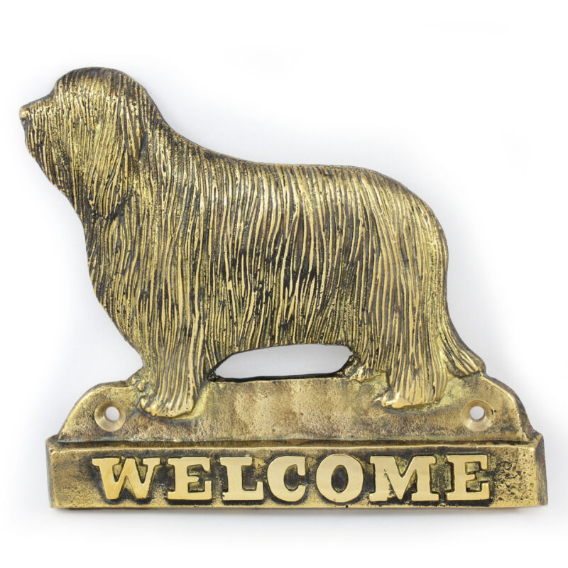 foto del prodotto bearded collie, highland collie cartello porta con un cane, targa di benvenuto in ottone, cartello unico con la scritta welcome di art dog