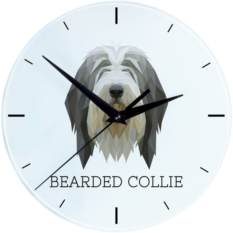 foto del prodotto bearded collie, highland collie - orologio da parete geometrico con foto e iscrizione di art-dog