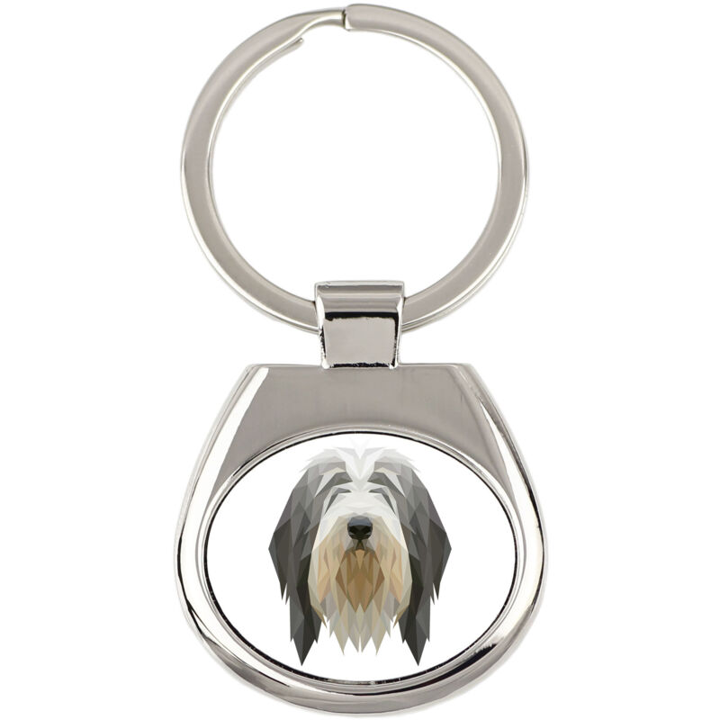 foto del prodotto bearded collie, highland collie portachiavi geometrico con foto e scritta art dog