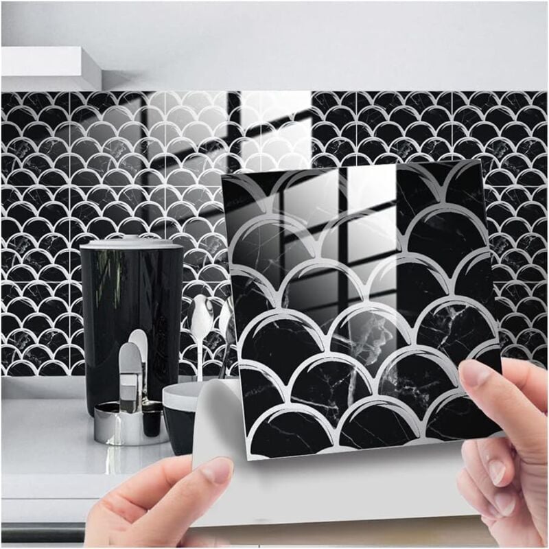 foto del prodotto bebusingoto 25 adesivi per piastrelle 3d per cucina e bagno, adesivi murali impermeabili e antiolio a forma di squame di pesce in bianco e nero,