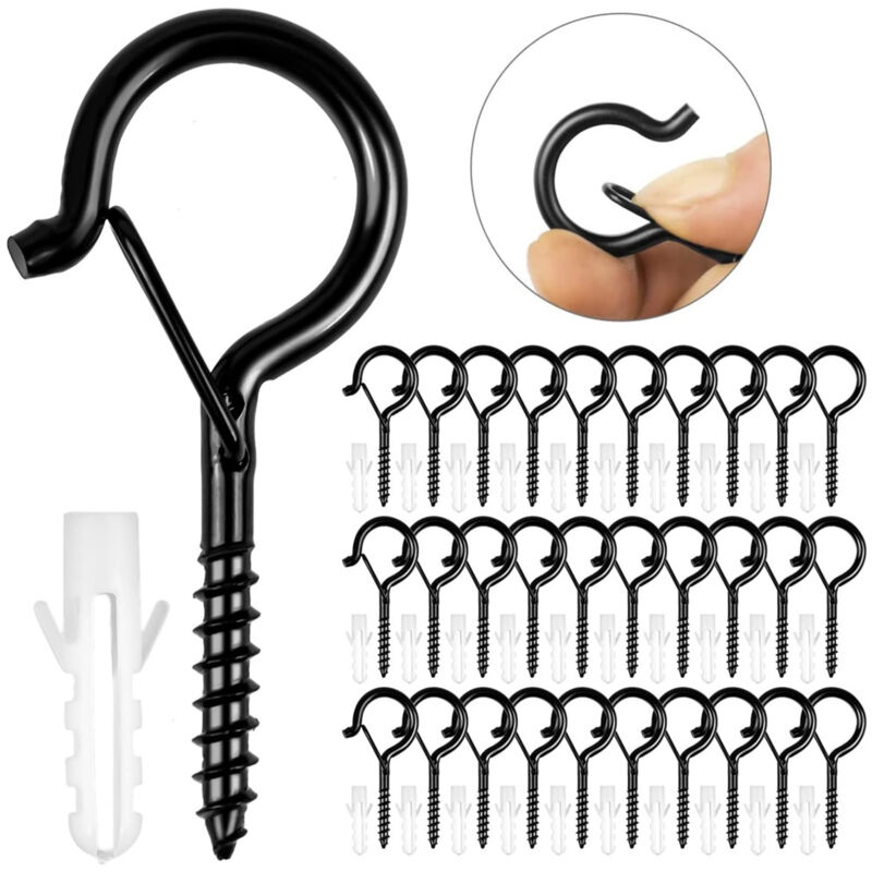 foto del prodotto bebusingoto 30 pezzi ganci a vite neri ganci a vite resistenti con anello di sicurezza gancio da soffitto in legno per appendere cestini per