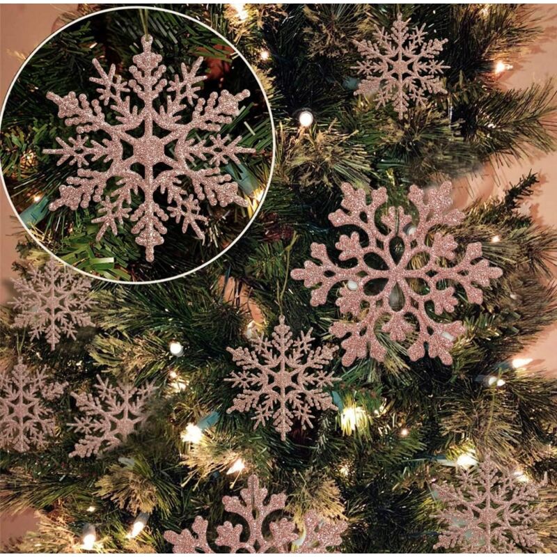 foto del prodotto bebusingoto 36 pezzi di fiocchi di neve di natale in oro rosa, decorazioni in plastica glitterata, decorazioni per l albero di natale invernale,