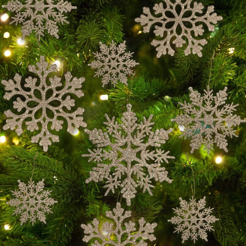 foto del prodotto bebusingoto 36 pezzi di fiocchi di neve natalizi in oro champagne, decorazioni in plastica con glitter, per decorazioni invernali per l albero di