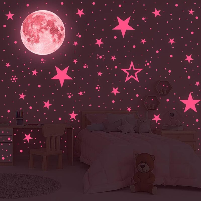 foto del prodotto bebusingoto 435 adesivi murali luminosi a forma di stelle, punti e luna per camera da letto, ragazzi, ragazze, cameretta dei bambini rosa 