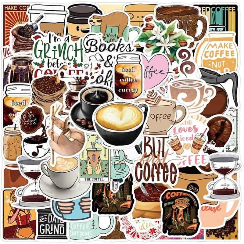 foto del prodotto bebusingoto 50 adesivi per caff adesivi in vinile impermeabili per caff per bottiglie d acqua, libri, laptop, bici, bagagli, tazze, cellulari,