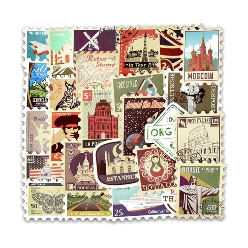 foto del prodotto bebusingoto adesivi in vinile con francobolli vintage, adesivi da viaggio retr , confezione da 50 adesivi per valigie, adesivi per valigie, laptop,