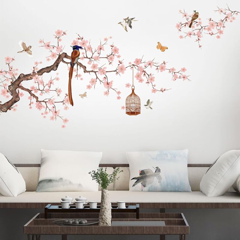 foto del prodotto bebusingoto - adesivi murali a forma di fiore, adesivi murali in stile cinese per soggiorno, adesivi murali a forma di fiore rosa per camera da letto, decorazioni murali staccabili e adesive (rosa pesca