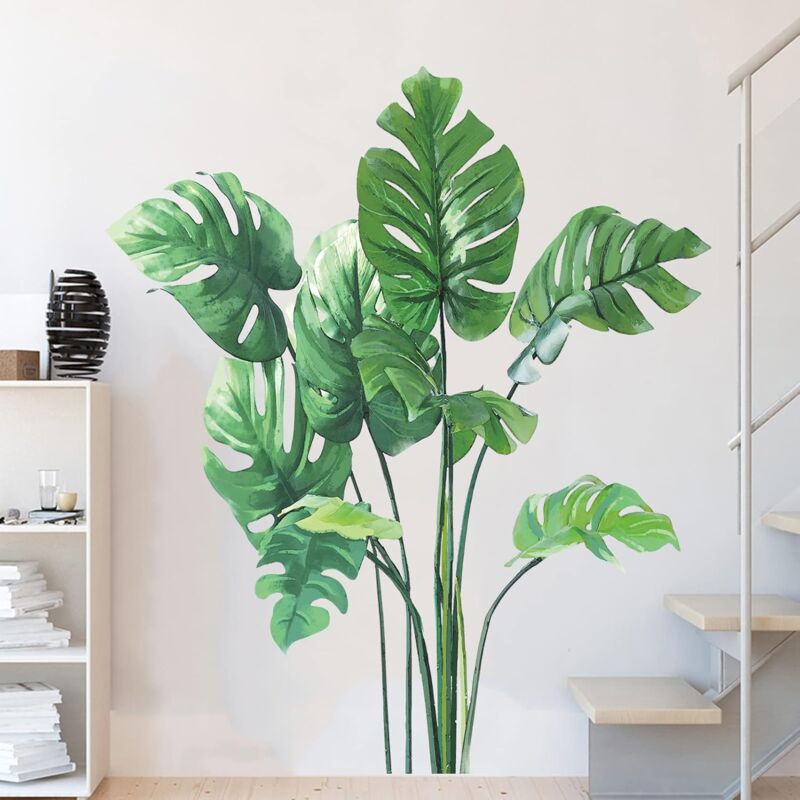 foto del prodotto bebusingoto adesivi murali a forma di foglie, piante verdi, adesivi murali per camera da letto, decorazioni murali con foglie di monstera