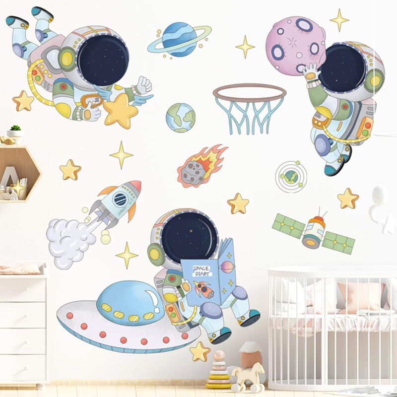 foto del prodotto bebusingoto adesivi murali astronauta, pianeta, passeggiata nello spazio, astronave, fai da te, adesivi murali in vinile rimovibili, simpatici