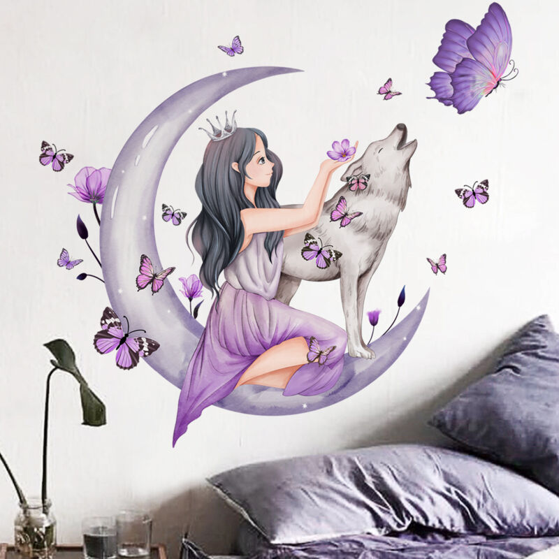 foto del prodotto bebusingoto adesivi per la cameretta delle bambine, decalcomania da parete con fata dei fiori e lupo della luna, adesivi da parete per la cameretta