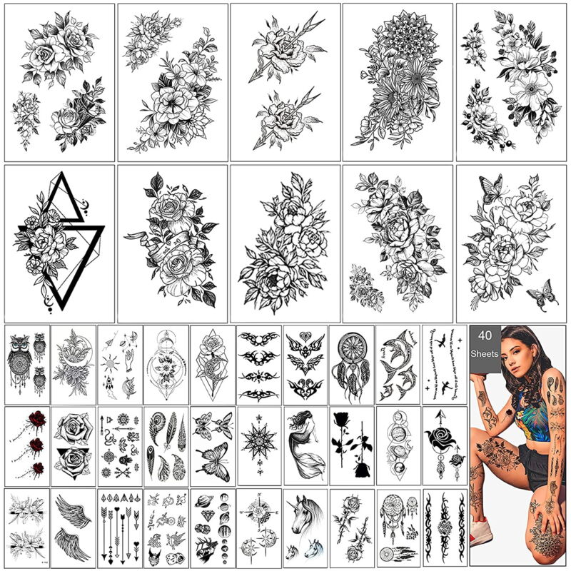 foto del prodotto bebusingoto adesivi per tatuaggi temporanei, 30 fogli, grandi, impermeabili, fiori, rose e farfalle, tatuaggi finti per donne e ragazze