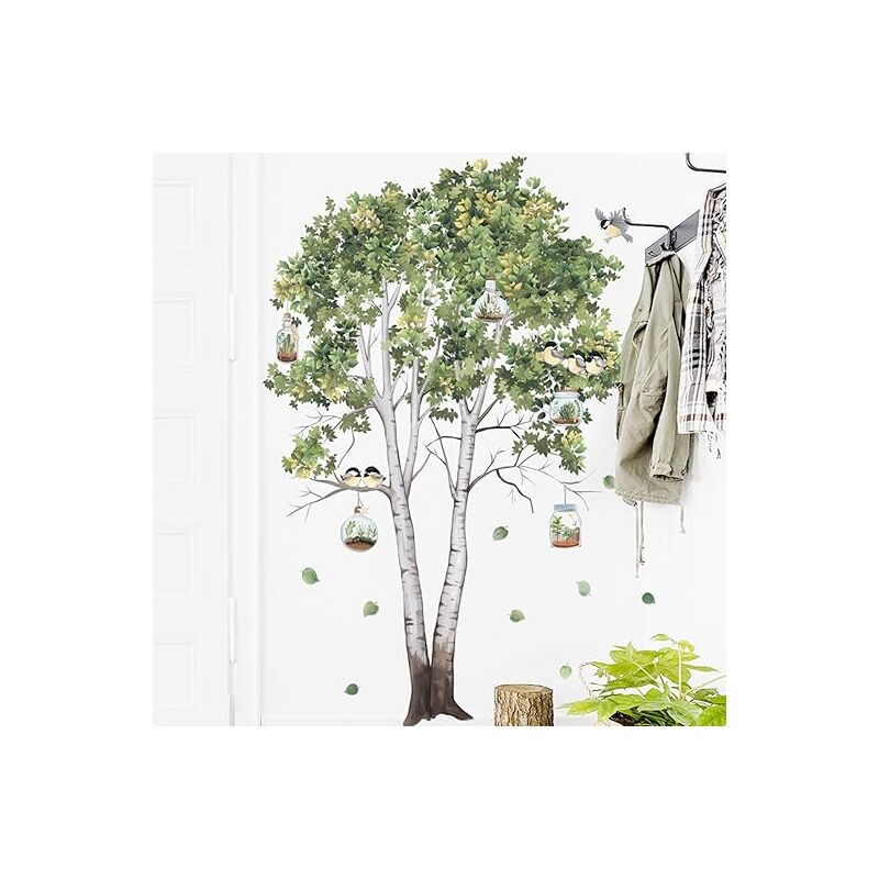 foto del prodotto bebusingoto adesivo da parete a forma di albero con uccelli, rimovibile, fai da te, decorazione murale verde per cucina, soggiorno, camera da