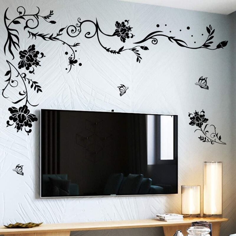 foto del prodotto bebusingoto adesivo da parete con fiore rampicante, adesivo da parete con fiore nero, decorazione da parete con farfalla e fiore, vinile