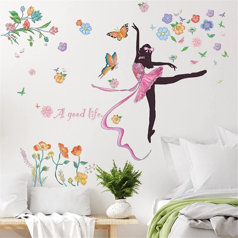 foto del prodotto bebusingoto adesivo da parete con silhouette di farfalla e fiori danzanti per bambini, rimovibile, decorazione da parete per la cameretta delle