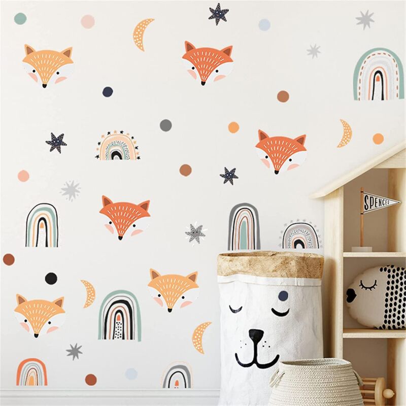 foto del prodotto bebusingoto adesivo da parete con volpe e arcobaleno per bambini, rimovibile, con stelle a pois, per cameretta, cameretta dei bambini, soggiorno,