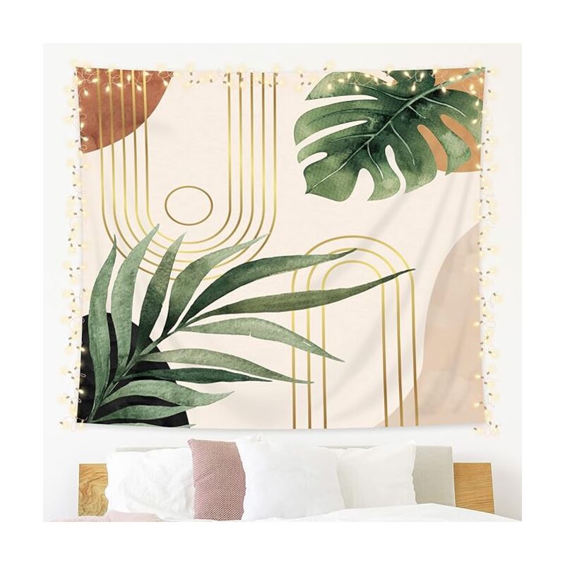 foto del prodotto bebusingoto arazzo astratto boh mien di met secolo, 78x59 cm, foglie tropicali, arco geometrico moderno, pianta botanica boho minimalista,