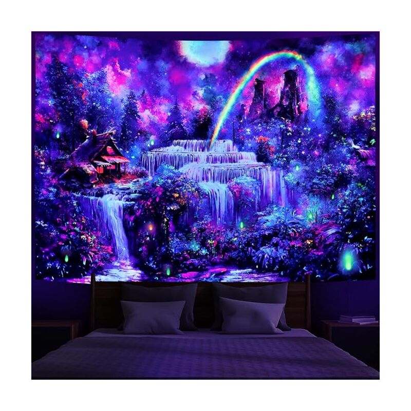 foto del prodotto bebusingoto arazzo blacklight arazzo fantasy forest arazzo cascata reattivo uv arazzo arcobaleno arazzo con pianta della giungla nebbiosa