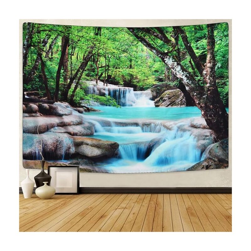 foto del prodotto bebusingoto arazzo con albero, arazzo con cascata, arazzo da parete con foresta, arazzo con natura, arazzo con fiume in pietra per camera da letto