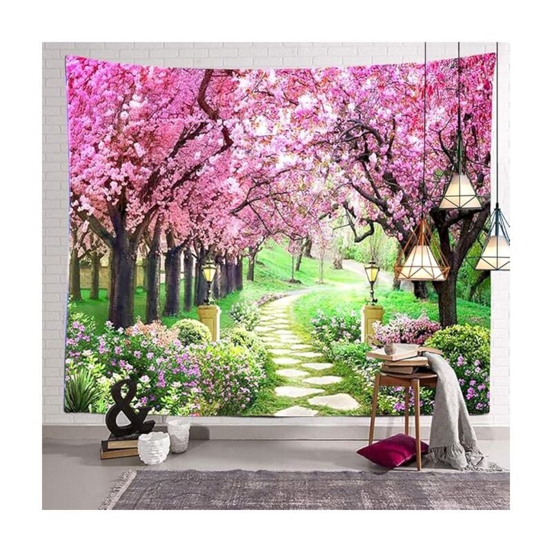 foto del prodotto bebusingoto arazzo con fiori e alberi, sentiero nel bosco, fiori di ciliegio rossi, arazzo decorativo da appendere, adatto per camera da letto,