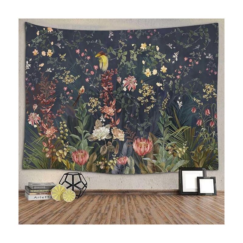 foto del prodotto bebusingoto arazzo con fiori e uccelli della giungla, arazzo con fiori di piante naturali scure 150130 cm, da appendere alla parete, adatto per