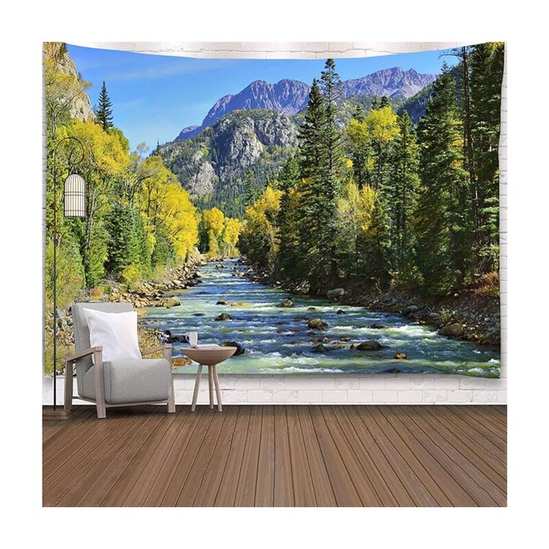 foto del prodotto bebusingoto arazzo con foresta di montagna naturale, paesaggio con cascata di pini verdi, arazzo da appendere alla parete per casa, ufficio,