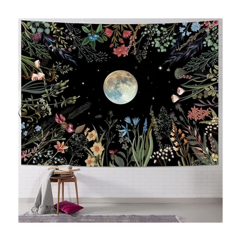 foto del prodotto bebusingoto arazzo da giardino al chiaro di luna, arazzo floreale, arazzo con piante colorate, arazzo nero, arazzo floreale, decorazione da parete